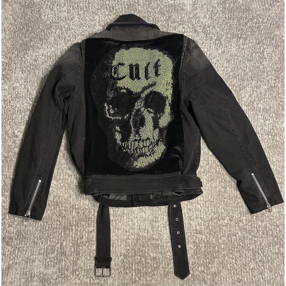 Cult of Individuality Skully Moto Denim Jacket Large Rhinestone Skull Black Gree